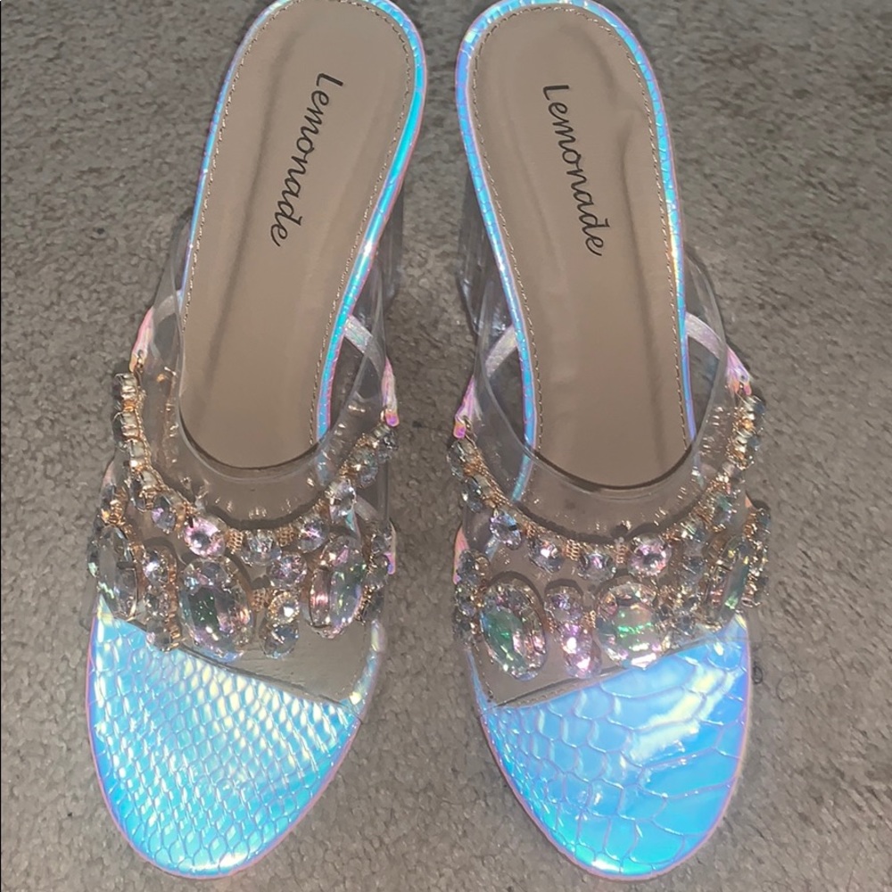Cute clear slip ons with irredescent detail !!